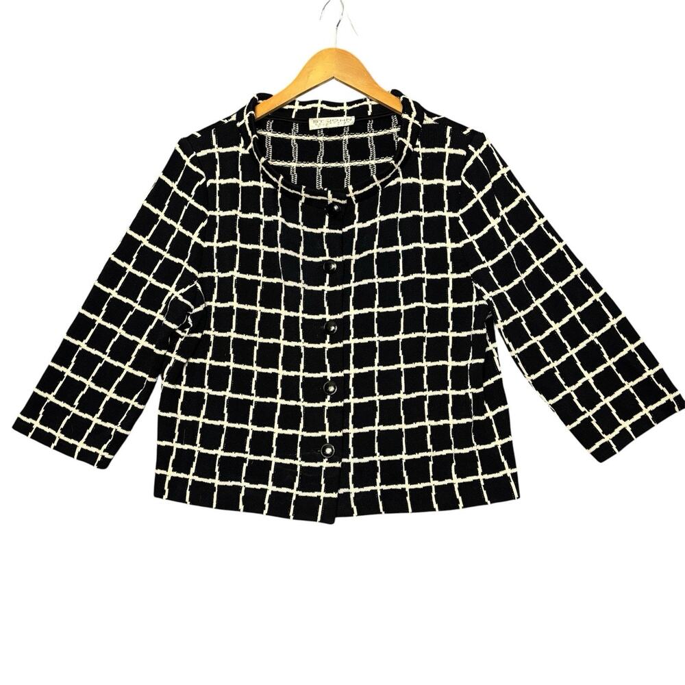 St John Collection Santana Knit Jacket Womens M Black White Grid Cropped Button